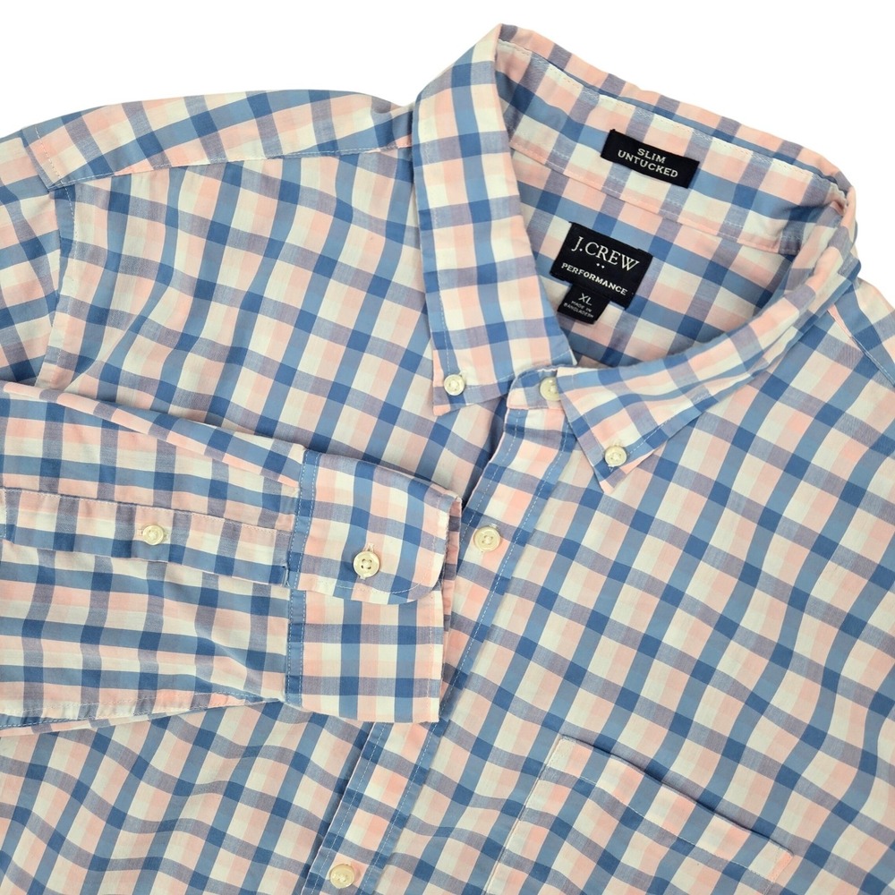 J.Crew XL Slim Untucked Performance Gingham Shirt Mens Blue Pink Preppy Business